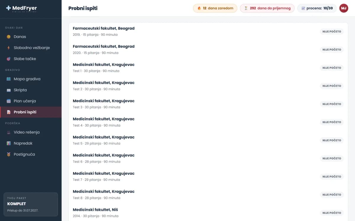 MedFryer probni prijemni ispit iz hemije pod merenjem vremena